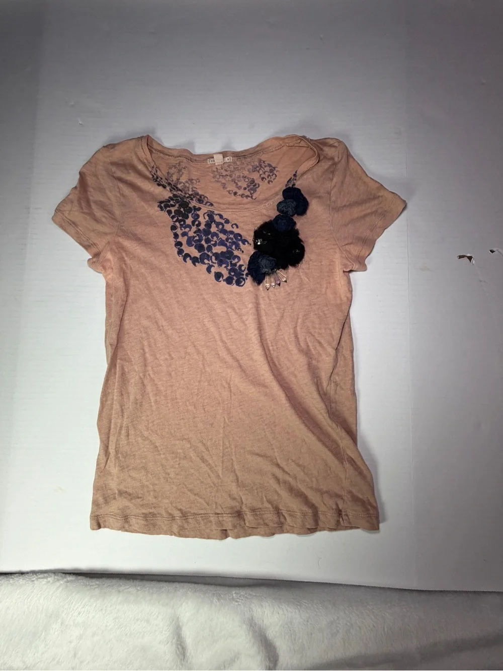 J. Crew Peach Short-Sleeve Tee with Navy Embellished Neckline
